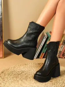Women's Fashionable Embroidered Design Wedge Boots, Elegant Round Toe Mid-calf Boots, Casual Comfortable Platform Shoes for Daily Wear, Western Embroidered Boots