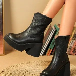 Women's Fashionable Embroidered Design Wedge Boots, Elegant Round Toe Mid-calf Boots, Casual Comfortable Platform Shoes for Daily Wear, Western Embroidered Boots