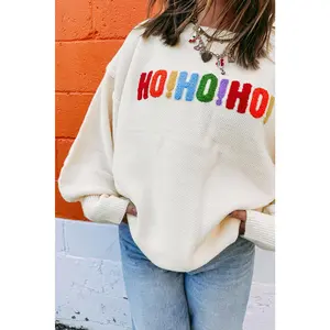White HOHOHO MERRY CHRISTMAS Chenille Letter Graphic Holiday Sweater