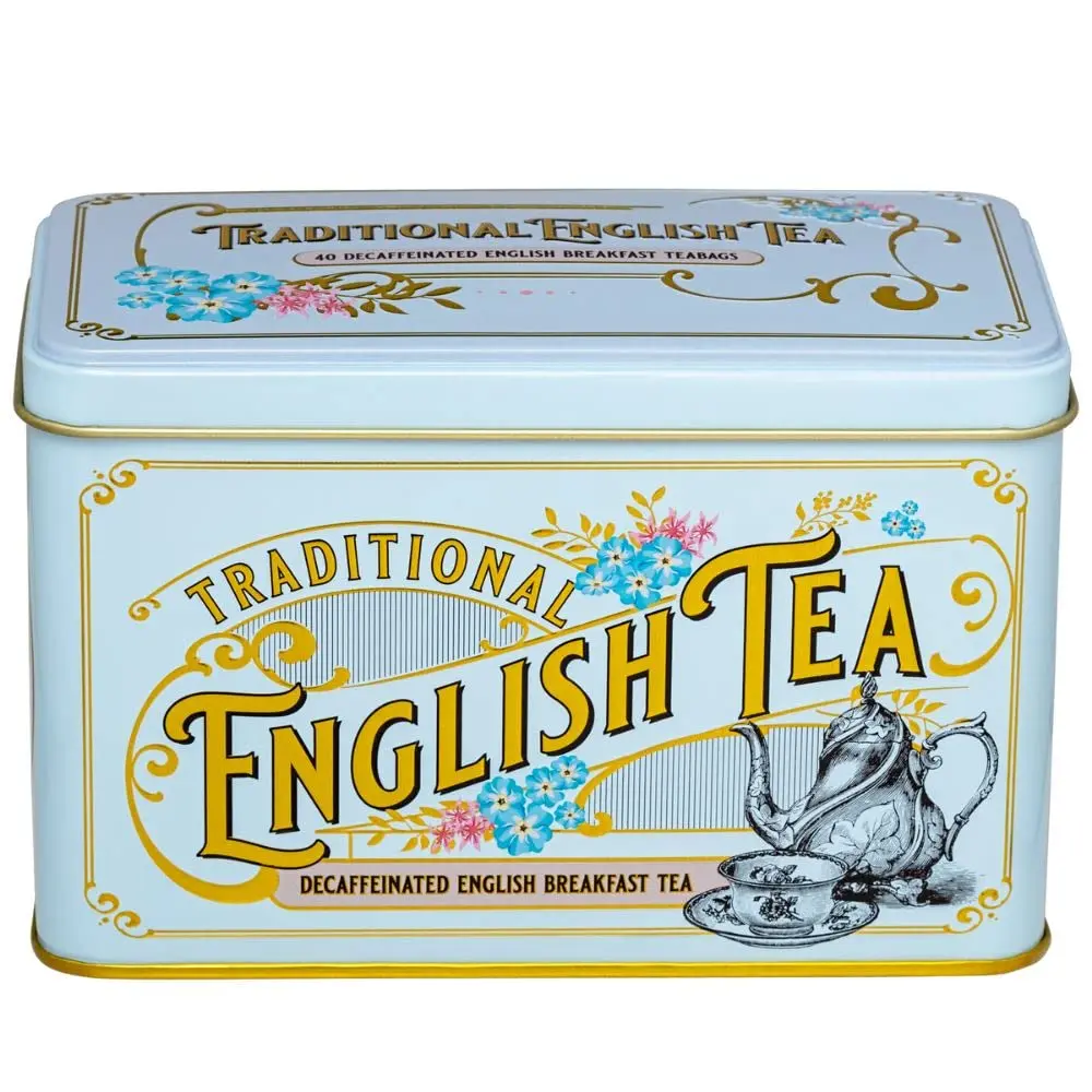 New English Teas Vintage Victorian Tea Tin with 40 Decaffeinated English Breakfast Teabags (Powder Blue) | Caffeine Free, Gifts for Tea Lovers