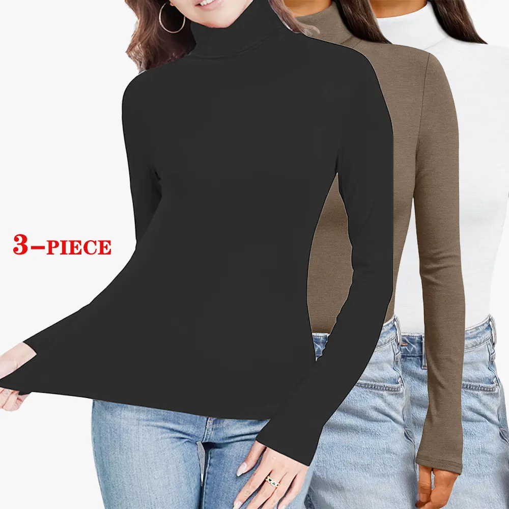 MALL LADY Women's 3-Piece Turtleneck Set Long Sleeve Shirts Mock Neck Fall Fashion 2025 Slim Fit Winter Thermal Underwear Tops Women'swear Jacket Essential Style Black White Coffee Brown Casual Minimalist Womenswear Basic