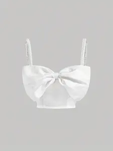 White Bow Front Cami Crop Top for Women – Pearl Strap Sleeveless Top, Elegant Y2K Style, Chic Summer Outfit for Parties, Date Nights, or Casual Looks"