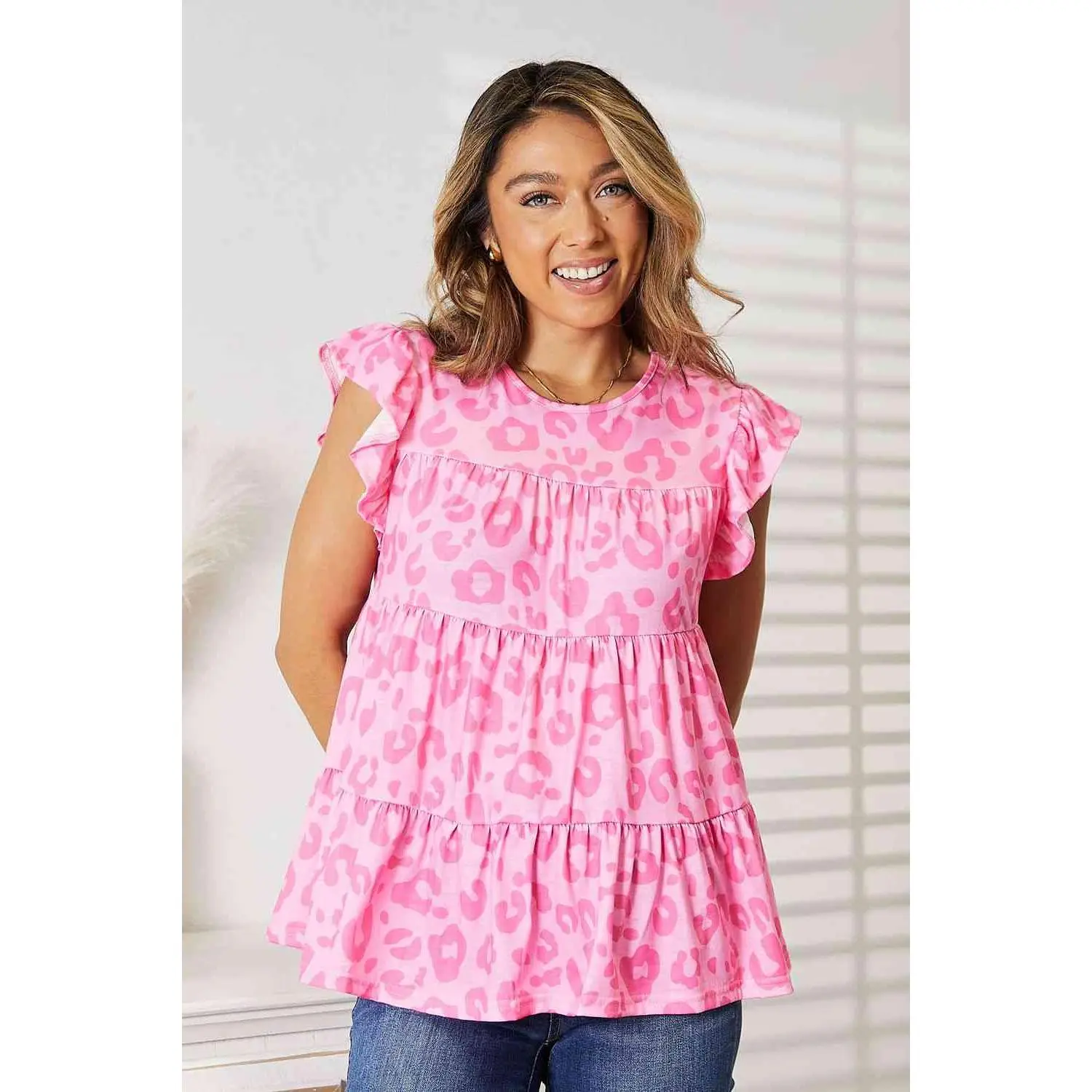 Double Take Leopard Round Neck Tiered Blouse