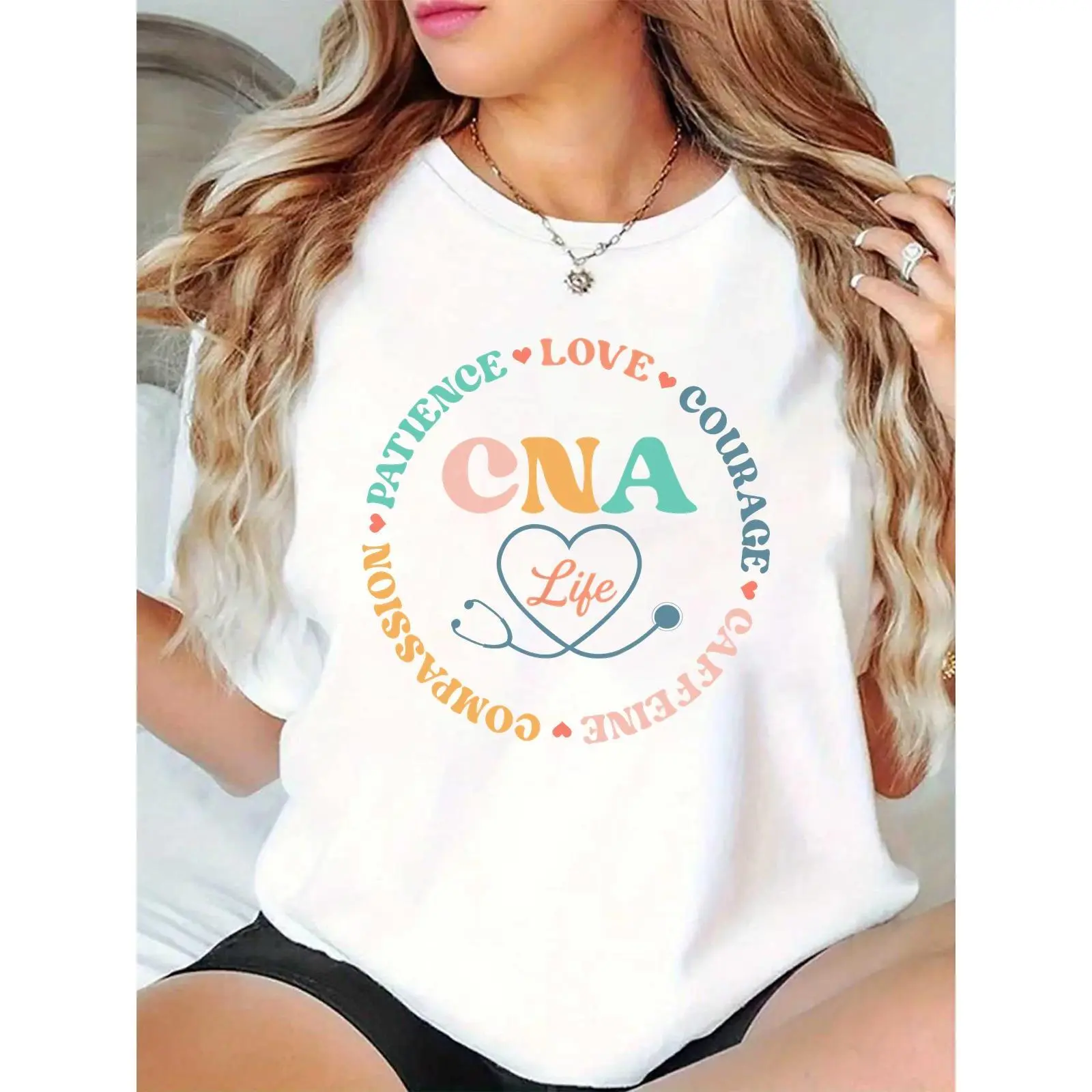 Women's CNA Life Stethoscope Heart Graphic T-Shirt, CNA Nurse Appreciation Workwear Casual Top for Nursing Assistants Healthcare Professionals