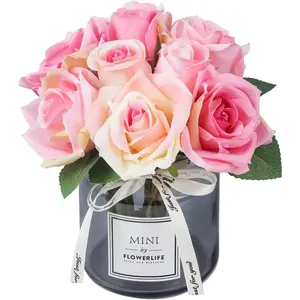 Pink Decorative Silk Rose Bouquet with Plastic Base & Glass Vase Set - Floral Home Decor for Living Room, Dining Table, Home Supplies