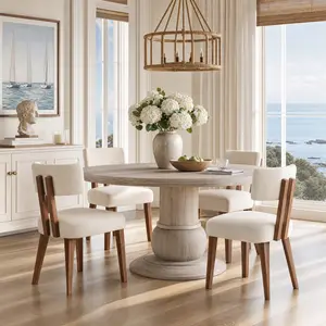 MOJAY Mid Century Modern Dining Chairs Set of 4, Linen Fabric Upholstered Side Chairs with Curved Backrest, Comfortable Off-White Kitchen Chairs for Dining Room
