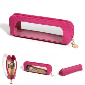 Small Clear PU Leather Makeup Bag, Transparent Cosmetic Pouch, Portable Zipper Makeup Brush Organizer Storage Case for Women Daily Use Home Travel Office Vacation