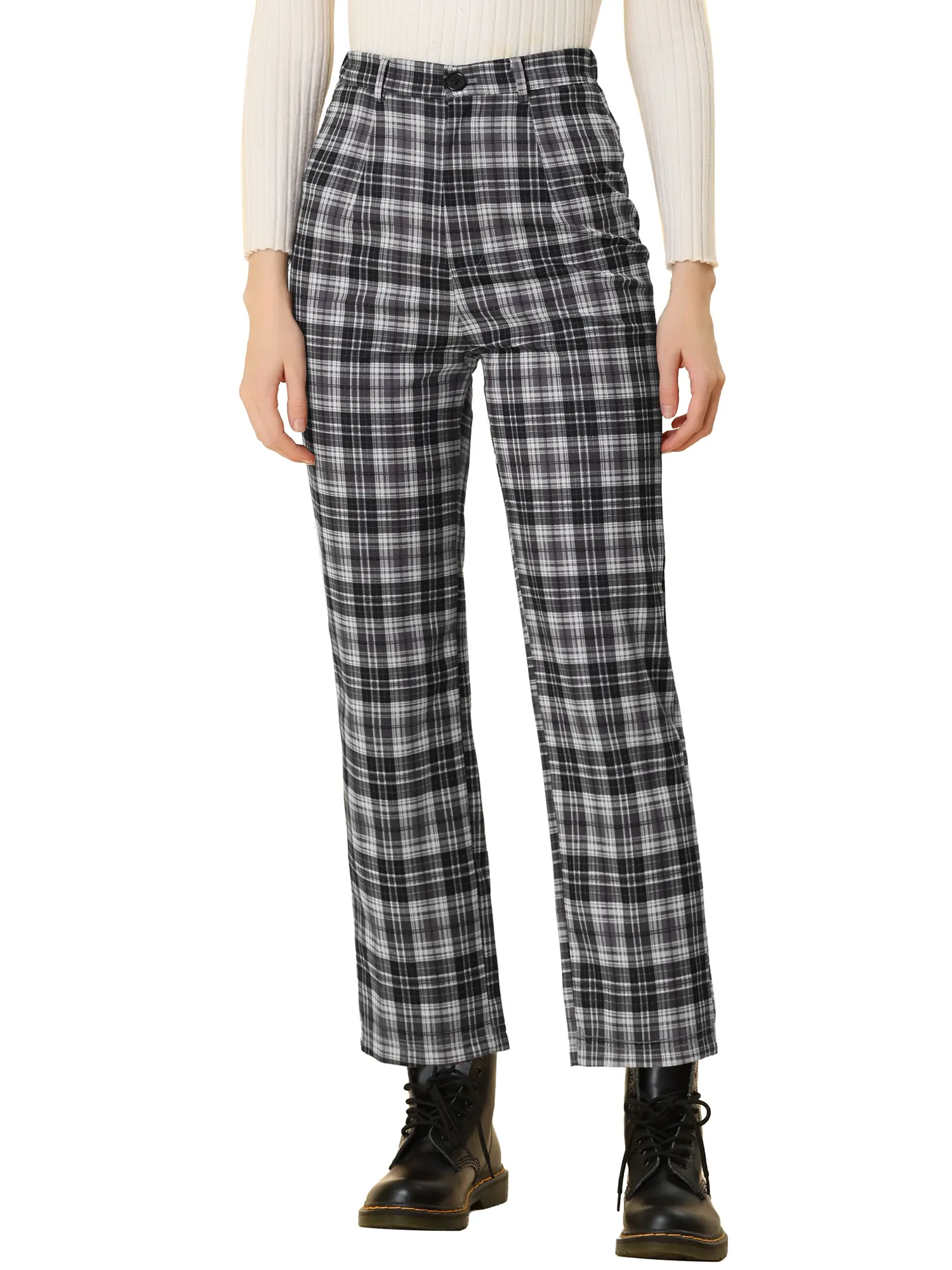 INSPIRE CHIC Plaid Cropped Trousers Button Casual Tartan Check Work Pants