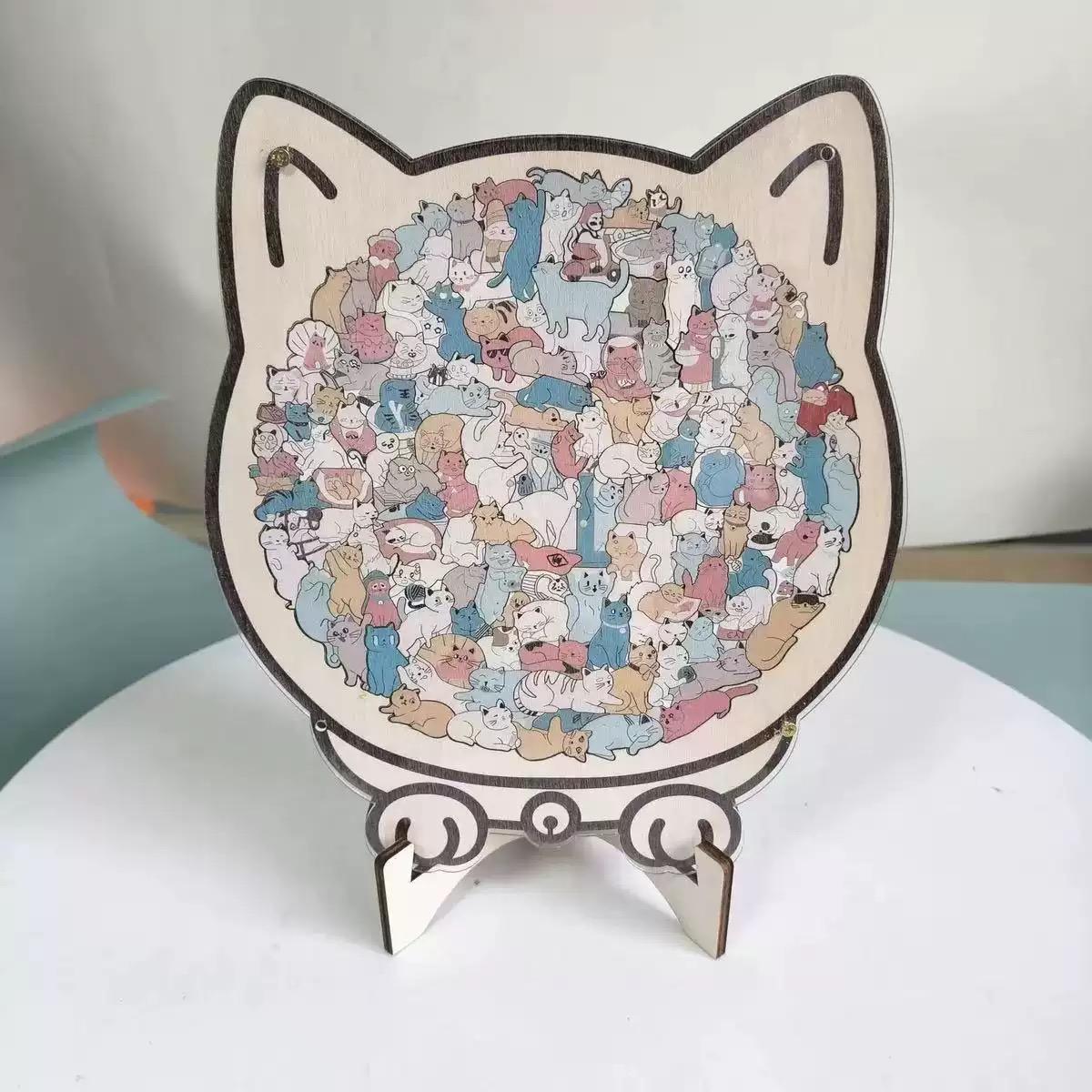 Unique Cat Head Wooden Puzzle, Cute Cats All-In-One Jigsaw Toy, Difficult & Fun Stress Relief Puzzle for Family Game Night & Party Activities