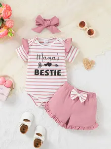 Cute Fitted Baby Romper with Bow Decoration, and Striped Design, Animal Print and Cartoon Style for Girls, Baby Clothes Girl
