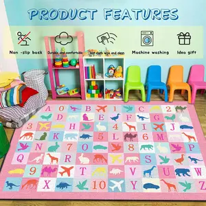 Pink Checkered Kids Animal Alphabet Number Educational Crystal Velvet Area Rug Non‑Slip Playroom Modern Learning Rug#KidsAnimalAlphabetRug #PinkCheckeredEducationalRug #PlayroomDecor #AnimalSilhouetteCarpet #CrystalVelvetRug