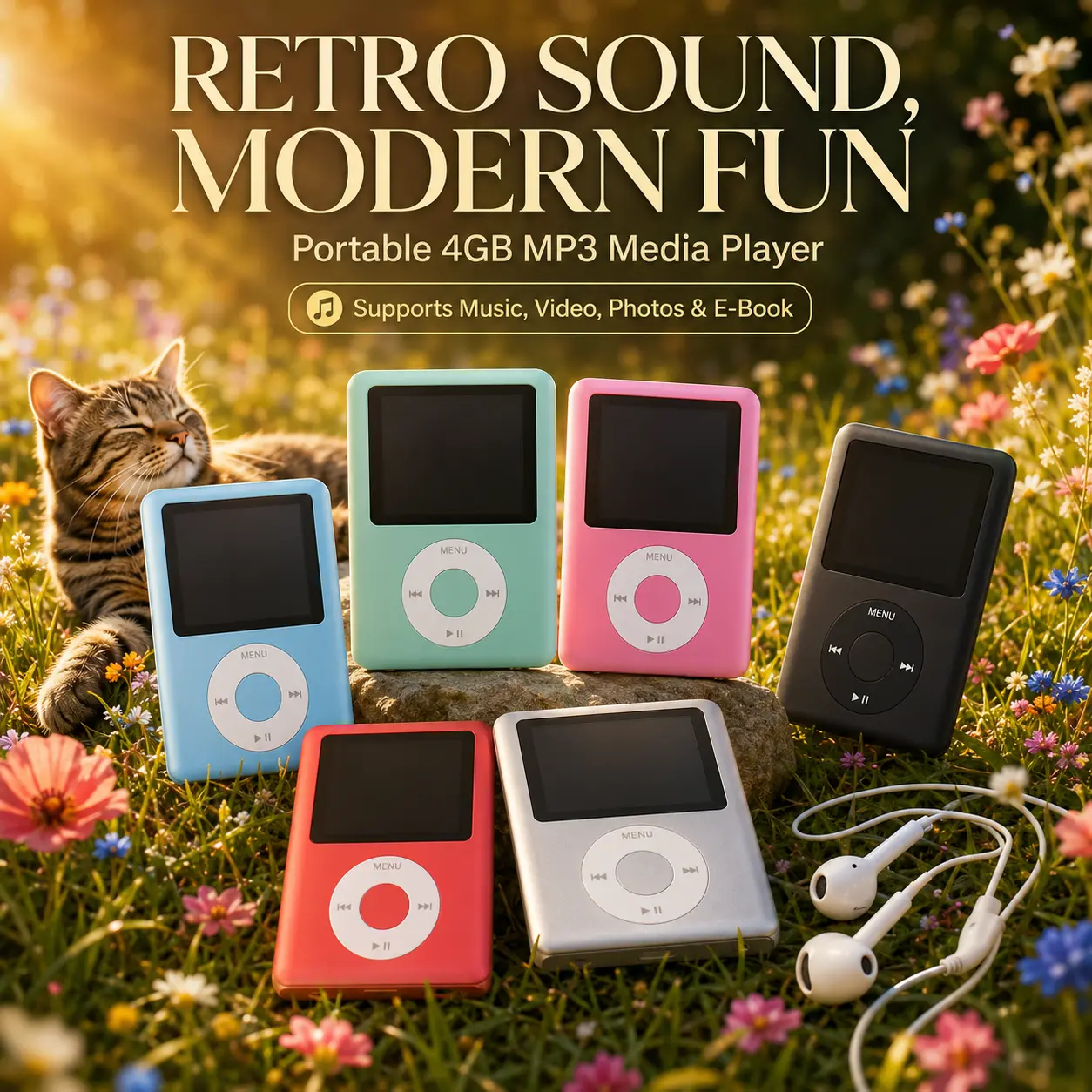 Portable MP3/MP4 player with built-in 4GB storage, color LCD screen, rechargeable music player that supports MP3, WMA, FLAC, APE, WAV formats, suitable for learning, travel, and offline listening.