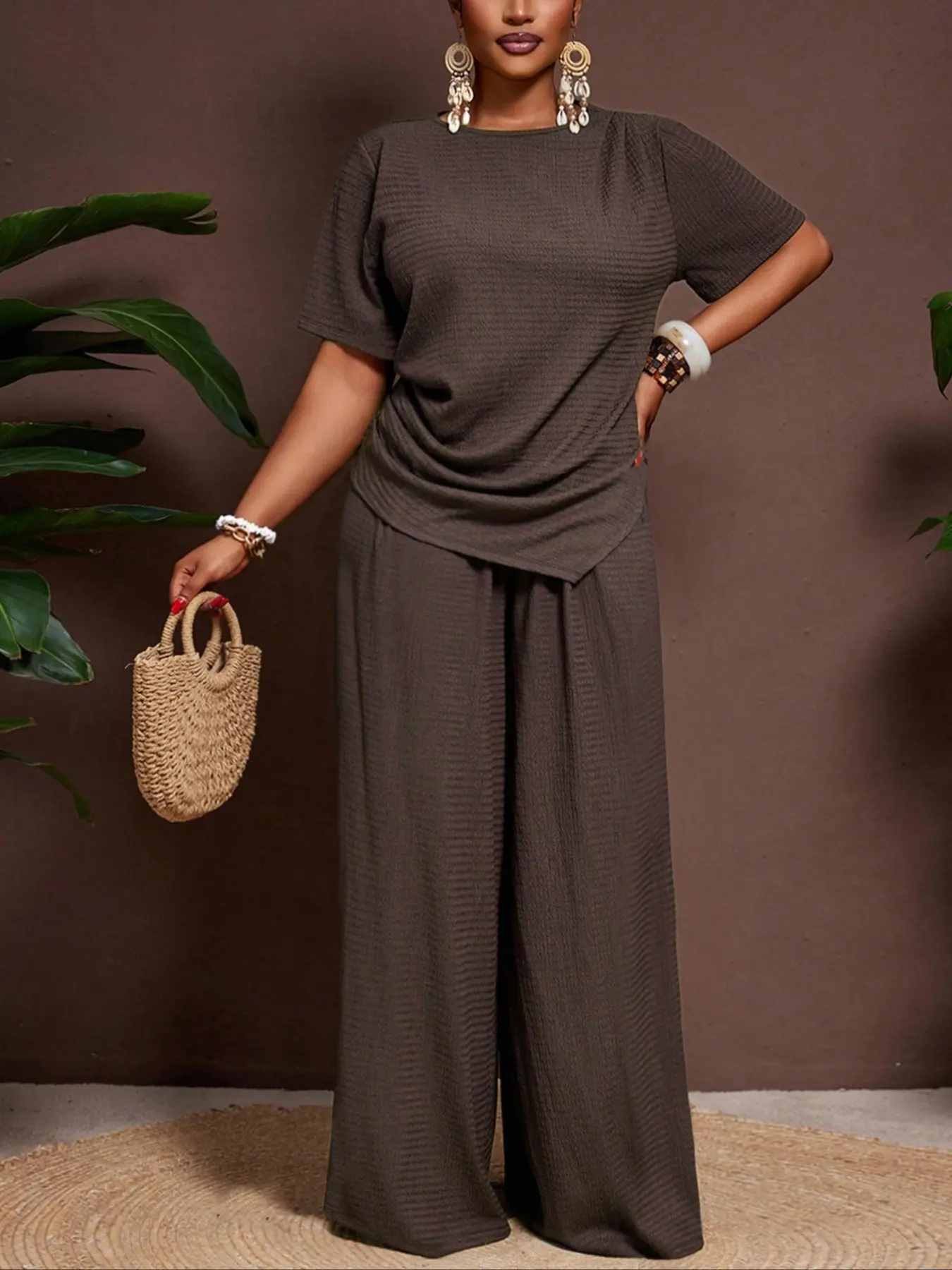 Women's Casual Summer Set, Asymmetrical Hem Short Sleeve Top & Elastic Waist Wide Leg Pants, Plus Size Fashion Fit Clothes
