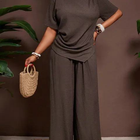 Women's Casual Summer Set, Asymmetrical Hem Short Sleeve Top & Elastic Waist Wide Leg Pants, Plus Size Minimalist Fashion Outfit