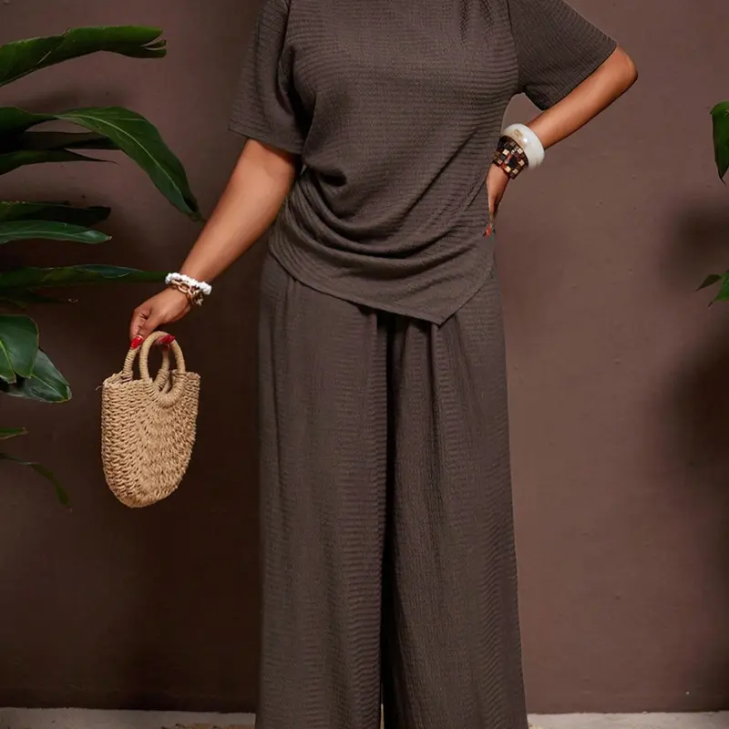 Women's Casual Summer Set, Asymmetrical Hem Short Sleeve Top & Elastic Waist Wide Leg Pants, Plus Size Minimalist Fashion Outfit