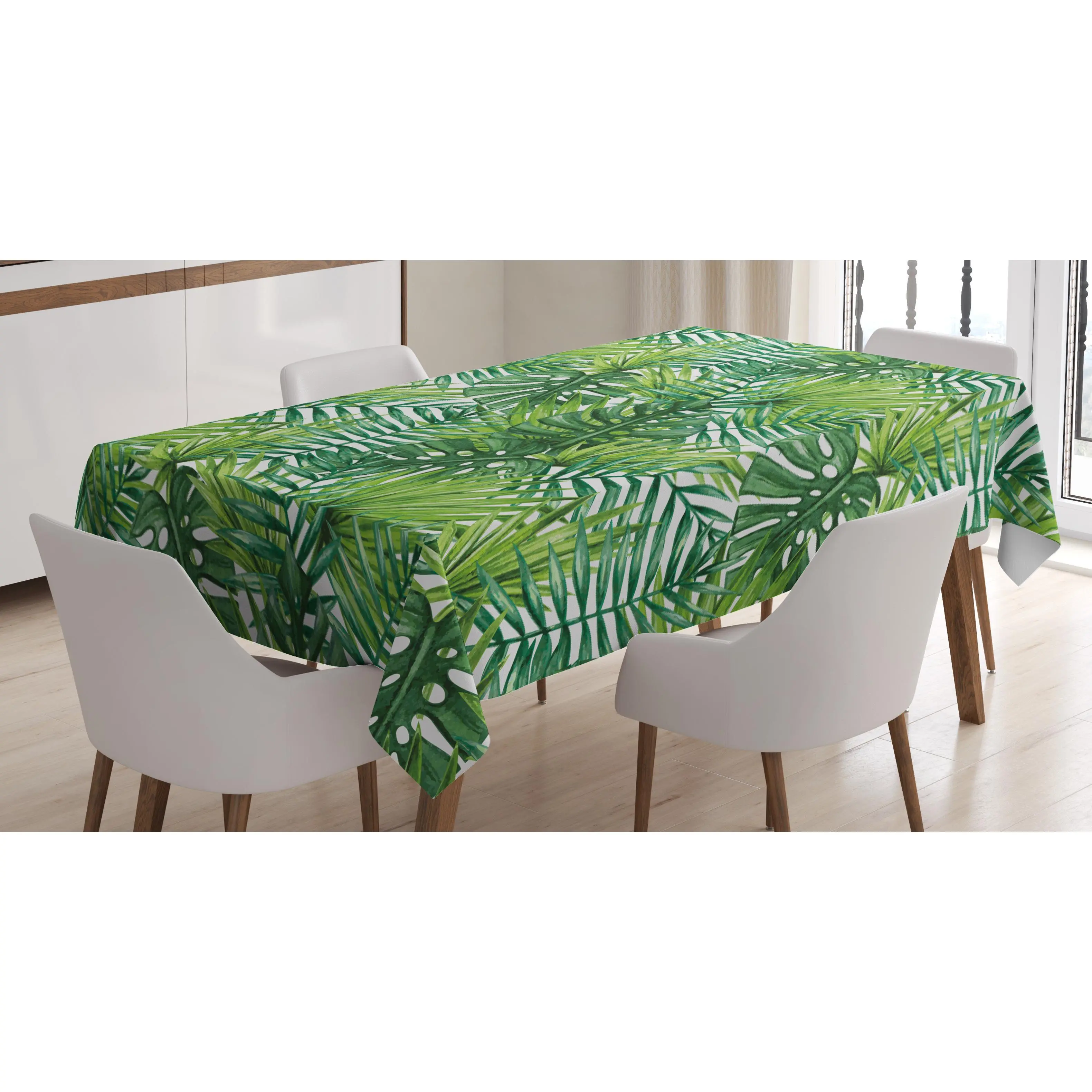 Leaf Tablecloth, Tropical Exotic Banana Forest Palm Tree Leaves Watercolor Design Image, Rectangular Table Cover for Dining Room Kitchen Decor, 60" X 84", Pale Green Dark Green