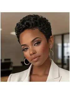 Women's Virgin Human Hair Pixie Cut Wig, Glueless Short Curly with Bangs, Natural, Comfortable & Easy Maintenance 4inch