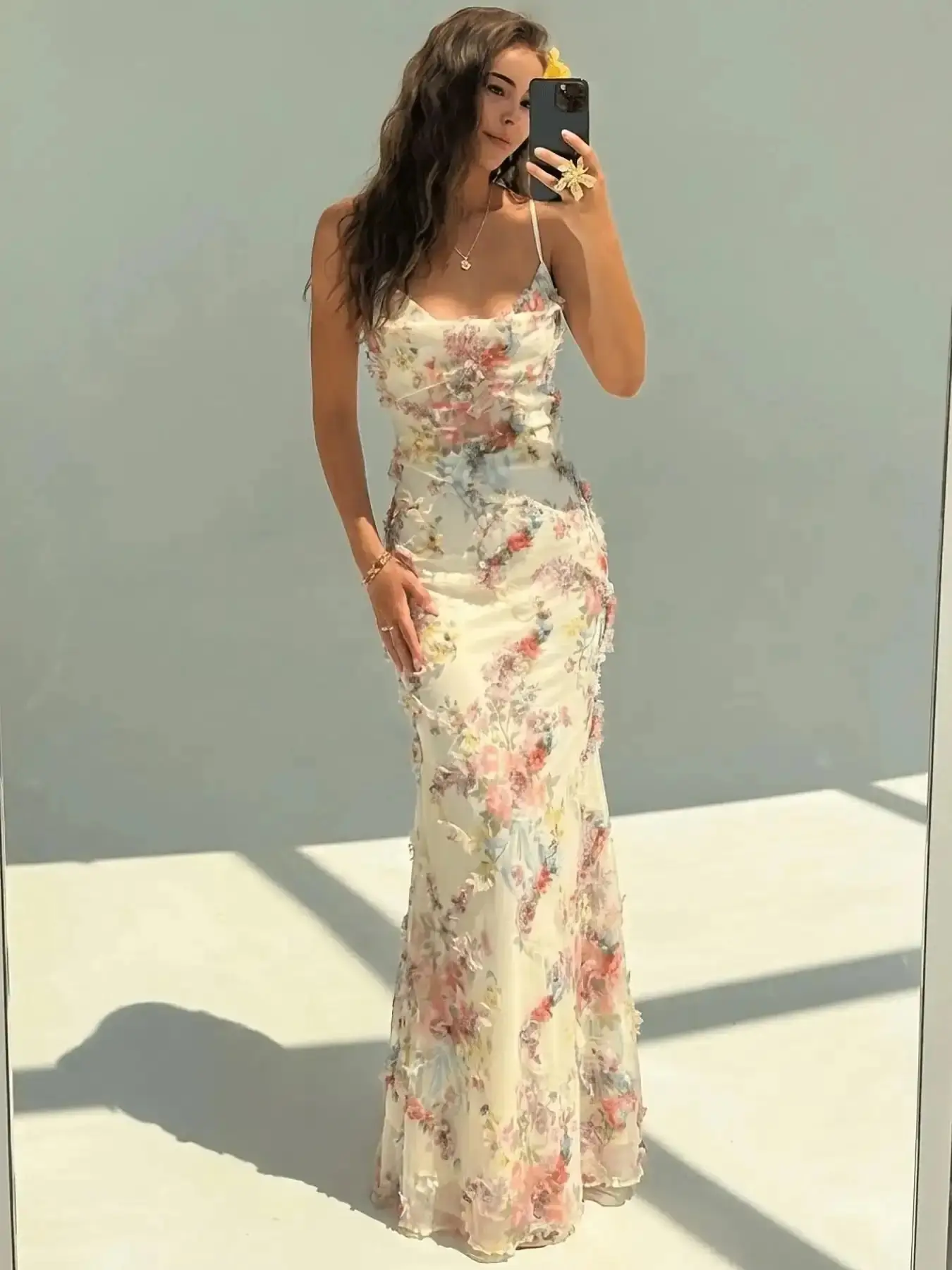 Women's Floral Print Long Dress, Lightweight Slim-Fitting Elegant Chic Bohemian Style, Thin Straps Drop Neck, 3D Flower Fish Tail Skirt, Bridesmaid Wedding Guest Gown party dress midi skirt trending now luxe feel