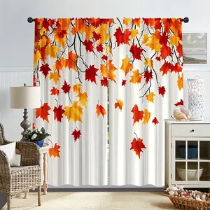 2-Piece set, autumn maple leaf art print curtains - bright autumn leaf design, semi-blackout rod pocket design, perfect for bedroom office kitchen living room home decoration, window treatment | warm colors | room decoration