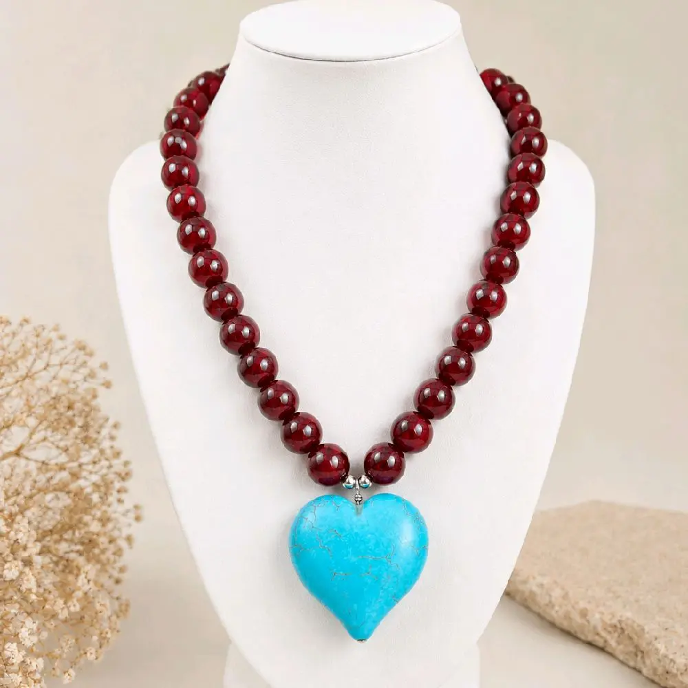 Burgundy Beaded Necklace with Turquoise Heart Pendant