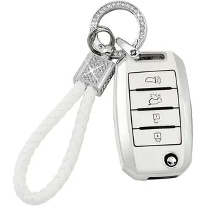 for Kia Key Fob Cover TPU White Silver 4 Buttons Keys Case Shell Protector Bling Keychain for Kia Sorento Optima Soul Sportage Niro Forte Rio Accessories Girly Women Men