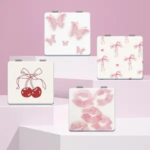 Bow Cherry & Pink Butterfly Pattern Double Sided Folding Square Makeup Mirror, 1 Count Portable Handheld Makeup Mirror, Makeup Tool for Women & Girls Travel Makeup Mirror