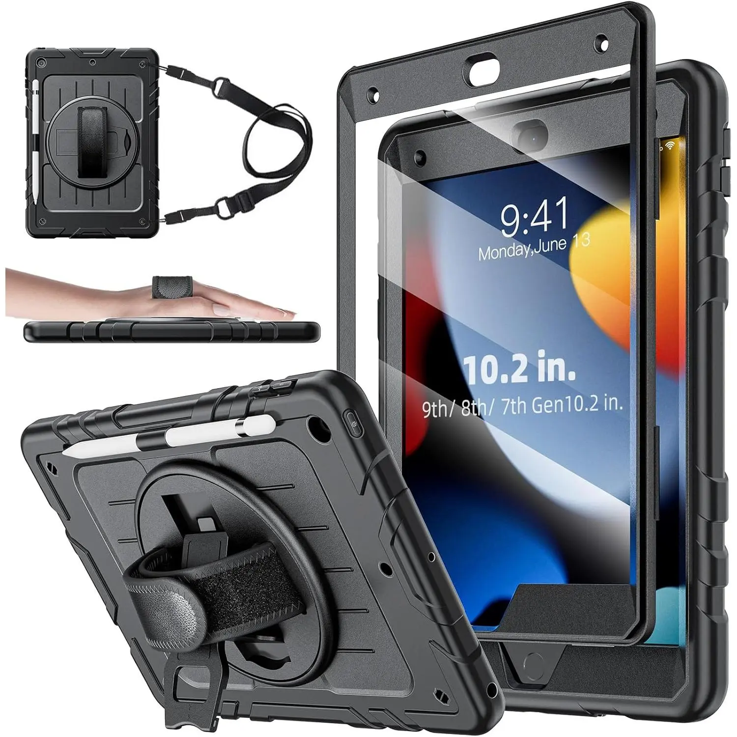 Durable PC 10.2 in iPad Case for 9th/8th/7th Generation (2021-2019) - Built-in Screen Protector, Pencil Holder, 360-Degree Rotating Hand Strap, Black Shell with Protection Casing for Work Accessories, Handheld