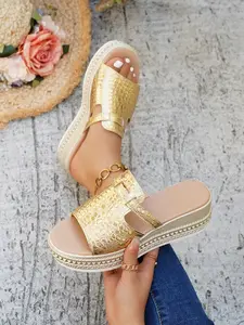 New Women's Fashion Versatile Wedge Heel Thick Sole Sandals, Soft Comfortable Durable Waterproof Platform Gold Silver Color Shoes