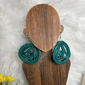Rafia Earrings - Teal Braided hoop Design with Triangle Motif for Stylish Accessory