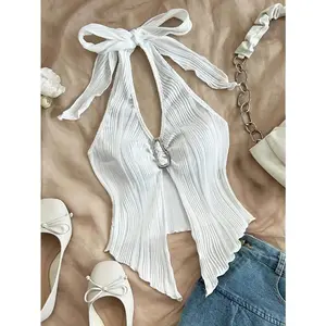 Sexy V-neck Halter Neck Crop Top for Women Summer Sleeveless Solid Split Backless Top Y2K Clothes