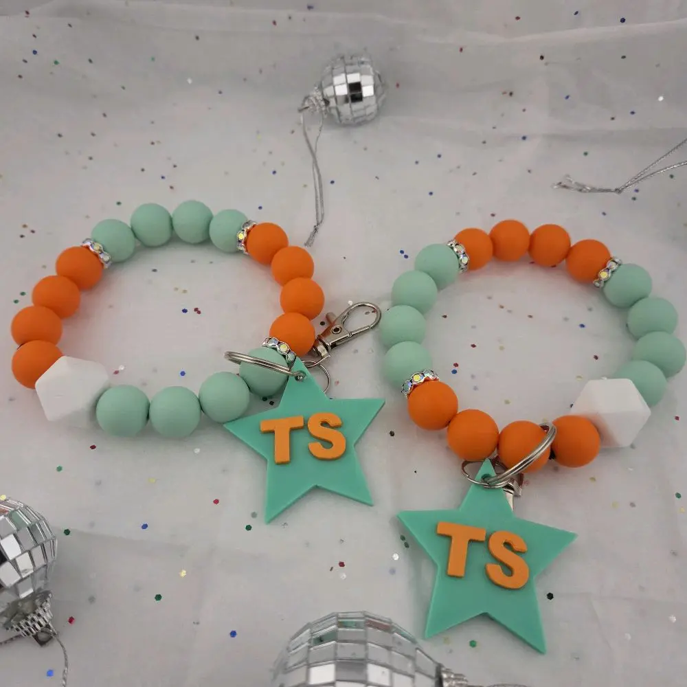 TS Brand Mint and Orange Wristlet Keyring for Showgirl Era with Star Charm and Colorful Beads