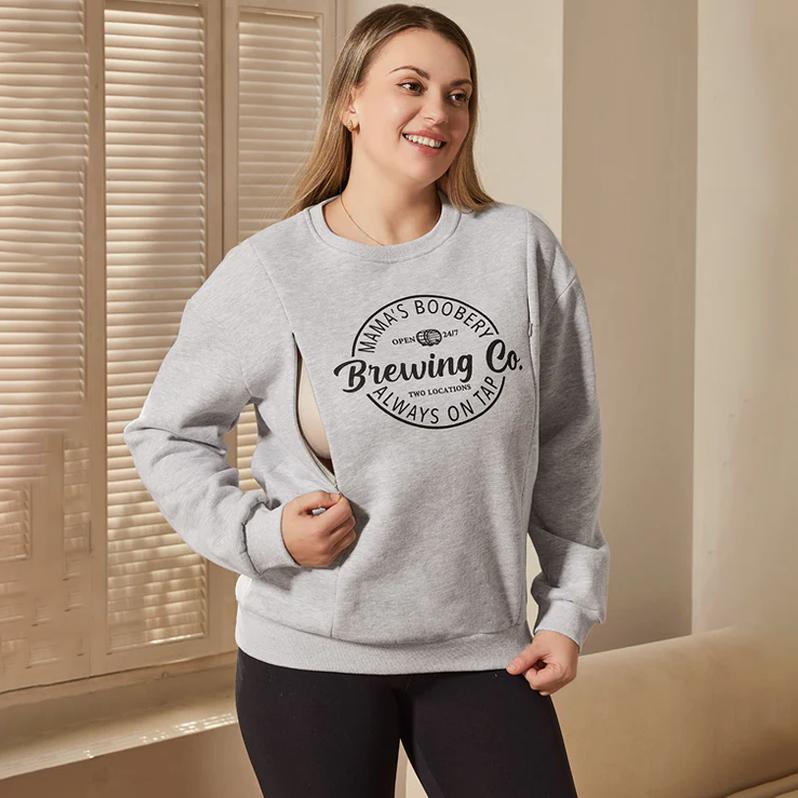 Giftifymama Mama's Boobery Long Sleeve Pullover Sweatshirt Fleece Nursing Maternity Sweatshirt Cotton Zip Nursing Pullover Crew Neck Design Loose Fit Spring & Autumn Wear L Multiple Sizes S-XXL Postpartum essentials Mother’s Day gift breastfeeding clothes