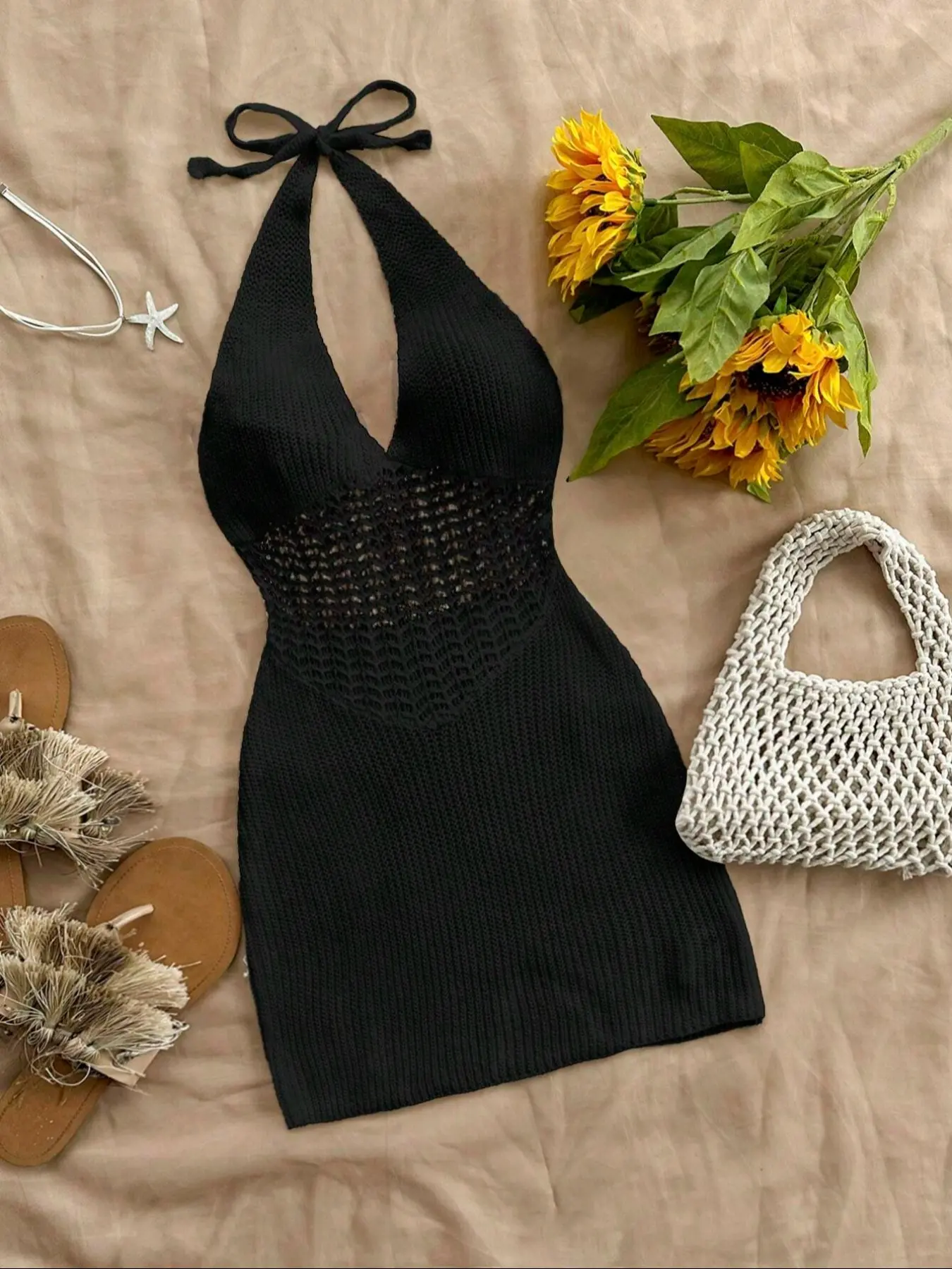 New Women's Fashion One-Piece Hollow Out Halter Neck Sleeveless Dress,  Casual Slim-Fitting Lightweight Solid Short Dress Womenswear for Spring  Summer, Beach Vacation Wear - TikTok Shop