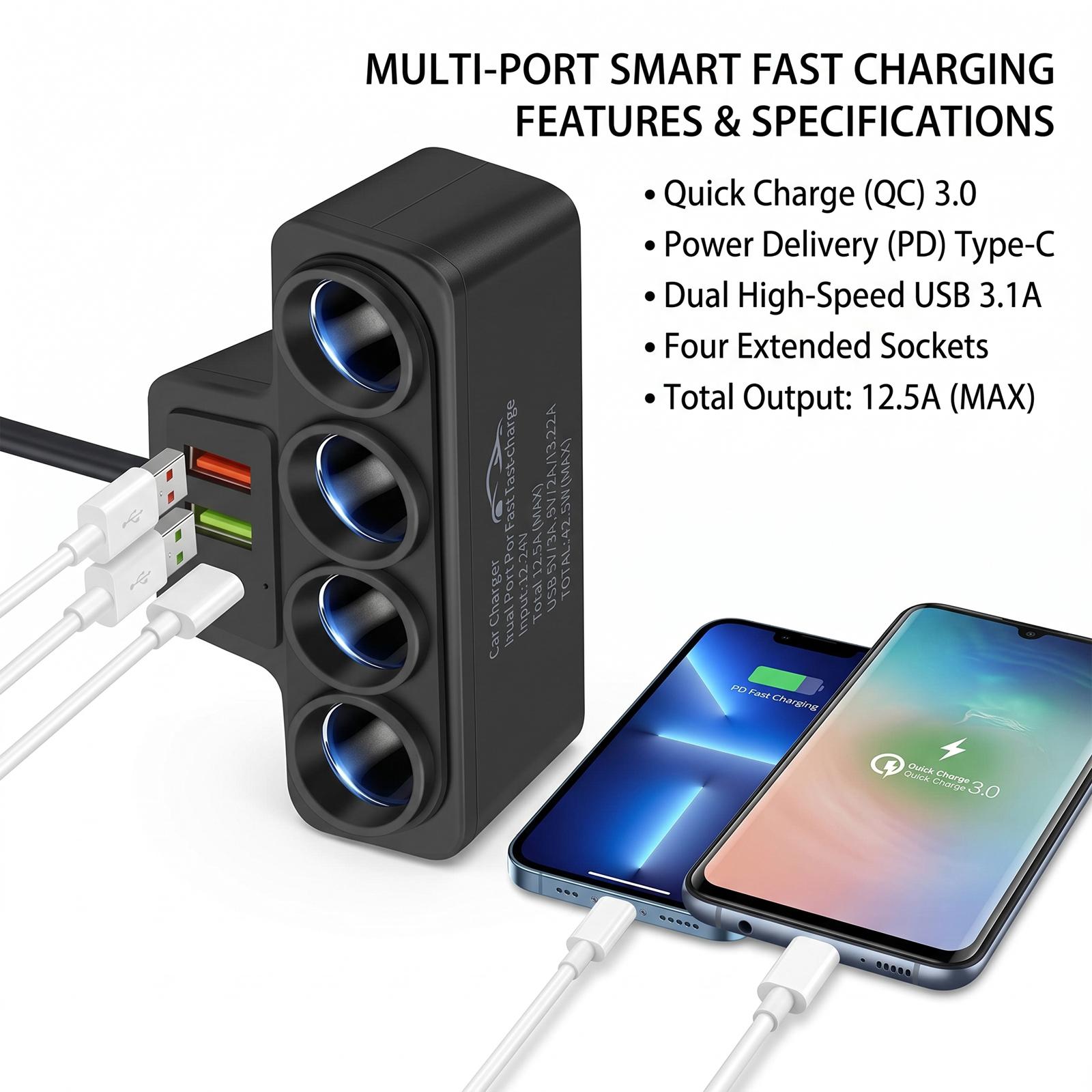 Car Cigarette Lighter Splitter, 4 in 1 Multi-Function Outlet Adapter with PD Fast Charger & 2 USB Ports, Cell Phone Car Charger for iPhone Android GPS Dash Cam – Road Trip Essential
