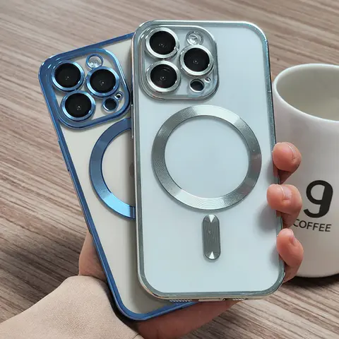 Electroplated Magnetic TPU Soft Cellphone Case with Lens Film Cover, Screen Protector & Secure Wireless MagSafe Magnet Accessory, Shockproof Transparent Hybrid Casing for Handheld Devices, Protection for iPhone 11-17 Series (Including iPhone 15)
