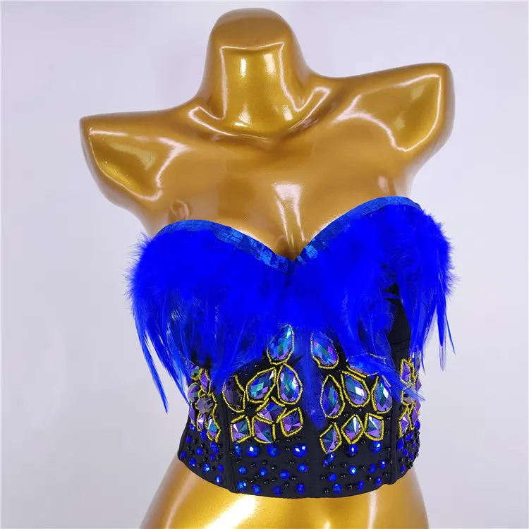 Feather Corset Crop Top with Colorful Rhinestones, Women's Handmade Fitted Boned Bustier Tank for Sexy Rave Festival Party Outfits