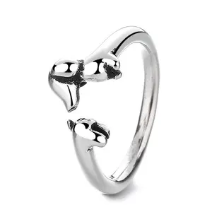 Fashion Dachshund Dog Ring Thai Silver Adjustable Original Open Sausage Dog Pet Rings for Women Vintage Animal Jewelry Gift ﻿