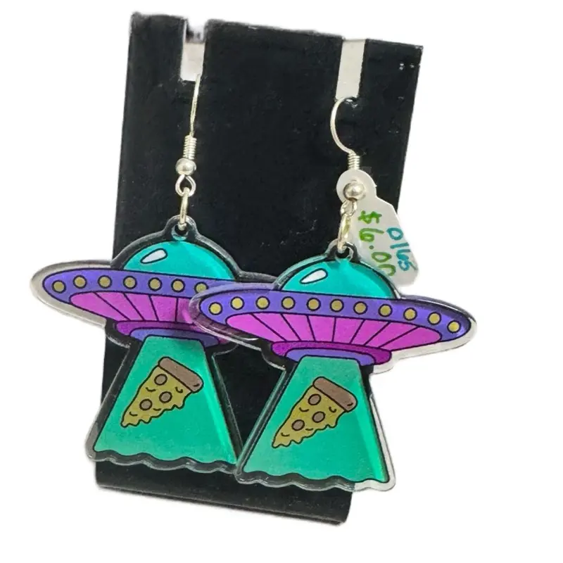 UFO Pizza Earrings - Green & Purple UFO Design with Black Dots, Lightweight and Stylish Accessory