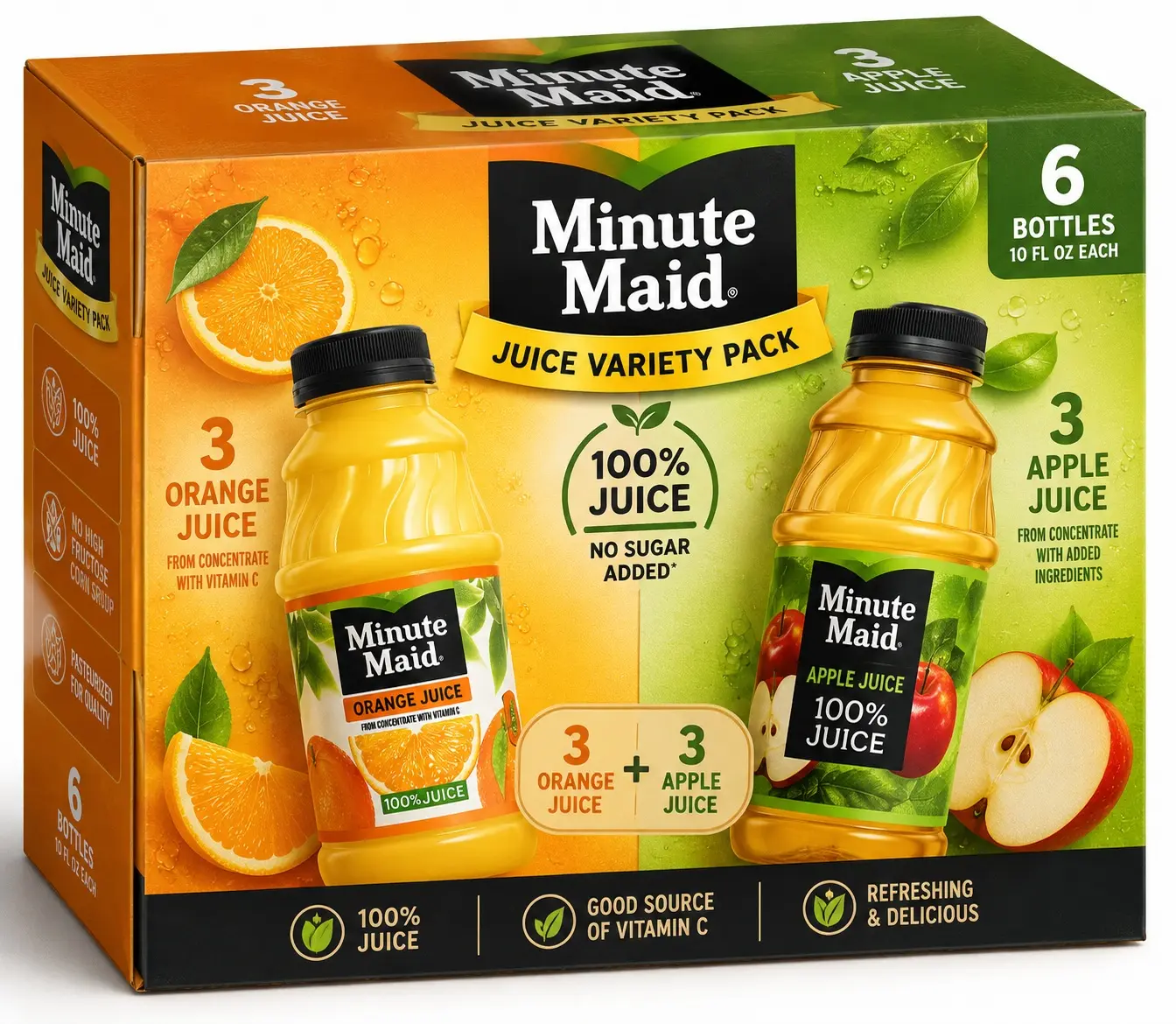 Fruit Juice Variety Pack, 6 Bottles (3 Orange + 3 Apple), 10 fl oz Each, Ready-to-Drink Juice Beverage