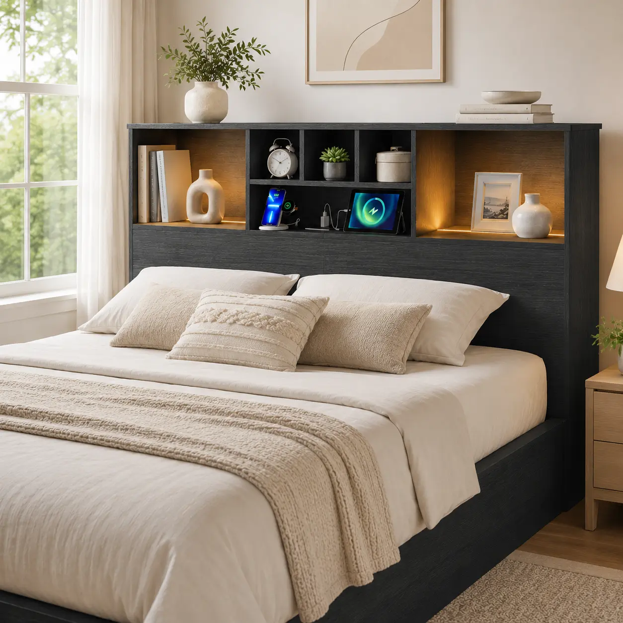 【Back to School】AMOPATIO Bookcase Headboard with Open Storage Shelves, Built-In Charging Station & 3-Color LED Lights, Rotary Knob Control Storage Headboard for Queen King Beds