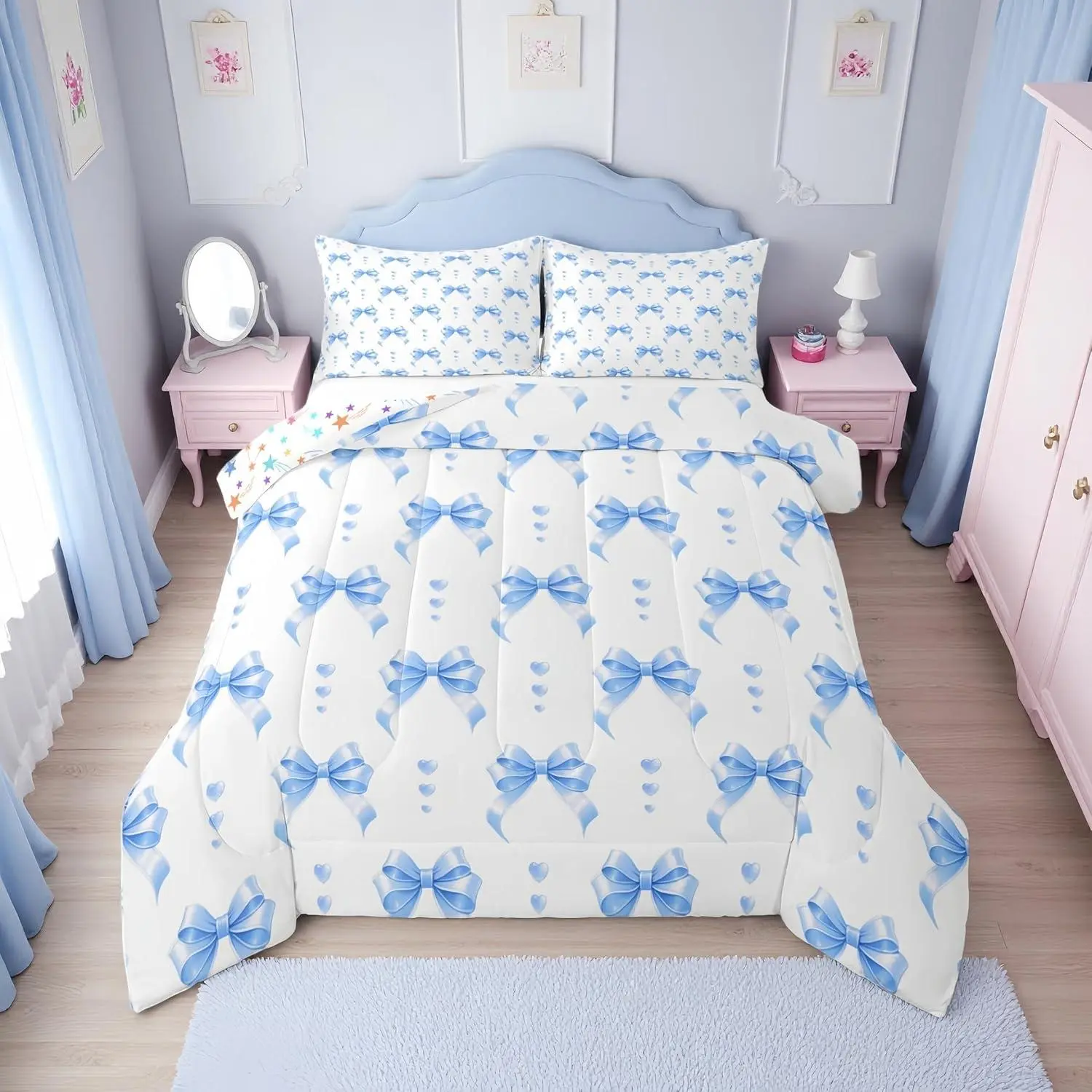 Girls Blue Bow Bedding Set,| Cute Coquette Bowknot Comforter Set for Kids,Princess Blue Ribbon Bow Tie Quilt,Kawaii Preppy Bows Bedroom Decor