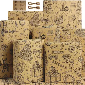 Christmas Wrapping Paper Set,  Thick Retro Xmas Wrapping Paper Holiday Christmas  Wrap Paper Brown Black Rustic Old Fashion Papel de Regalo Navidad for Women Men  Wrapper for Present