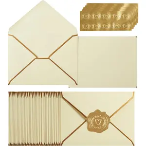100 Pack A7 5 x 7 Card Envelopes V Flap with Gold Border for Office Wedding Gift Cards Invitations Graduation Baby Shower Parties Cream Color 5.32 x 7.28 Inches