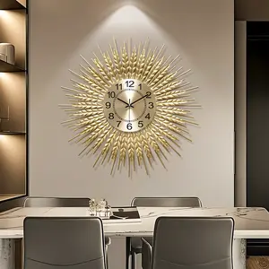 24Inch Large Mid Century Gold Wall Clock, Wall Clock Metal Decorative Wall Clocks,  Sunburst Wall Clocks, Metal Big Silent Non-Ticking Clock, Luxury Home Gift Decor for Living Room Home Kitchen Decor