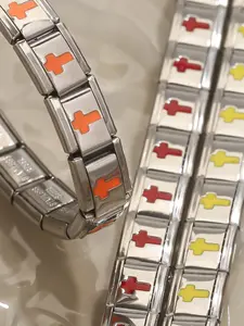 Stainless Steel Color Cross Italian Bracelet Module, Elastic Chain DIY Bracelet Strap Accessory, Handmade Jewelry Making Supplies, Stainless Steel Bracelets