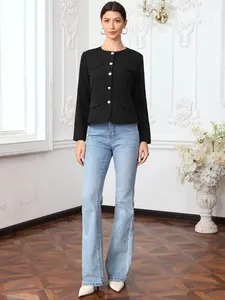INSPIRE CHIC Cropped Blazer Jackets for Women Business Casual Collarless Button Down Fitted Long Sleeve Office Work Suit Jacket