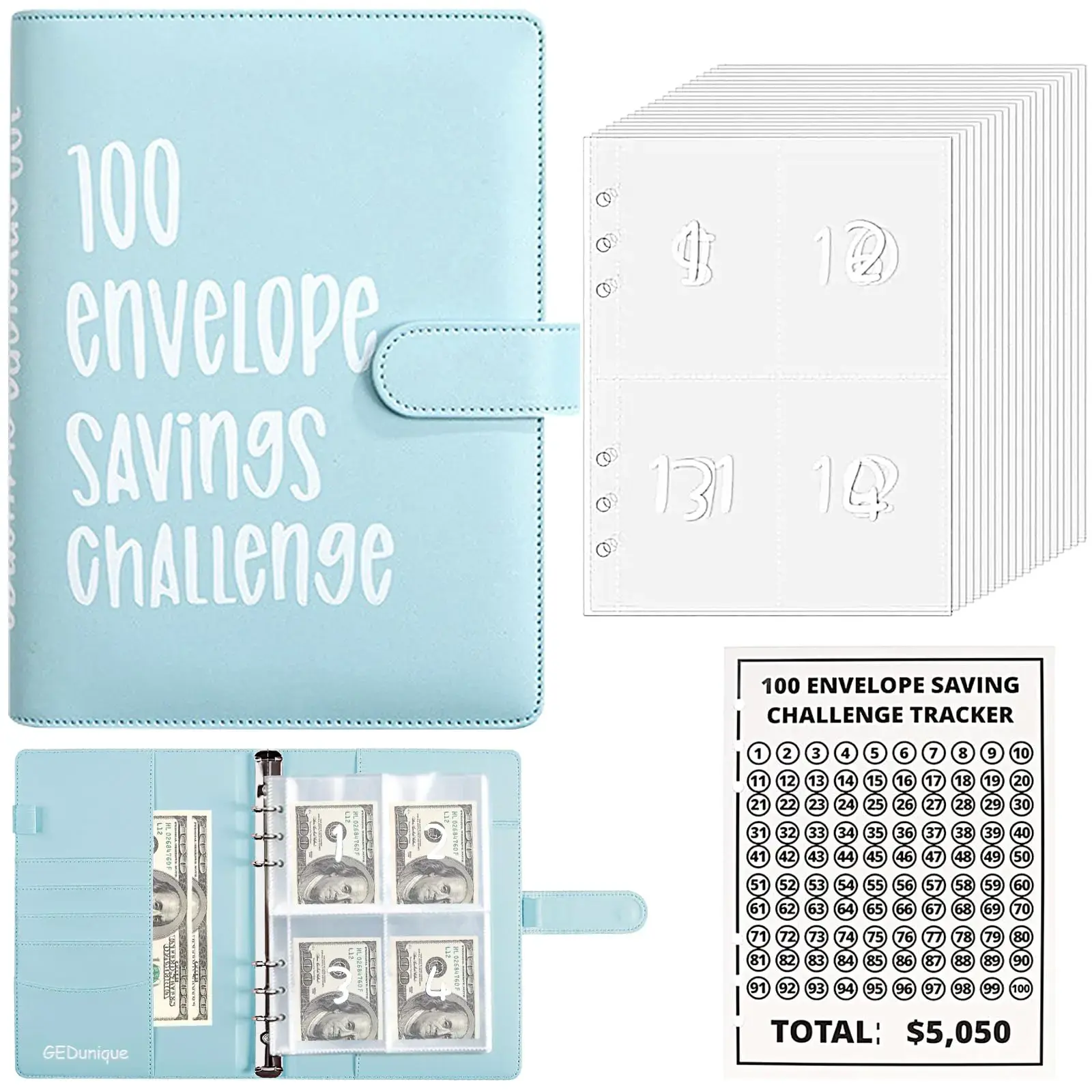 A5 100-Envelope Saving Challenge Binder, Office Binder with Zipper Closure, Cash Envelope System for Budgeting & Financial Planning, Practical Versatile Storage Money Organizer to Save $5050 Easily