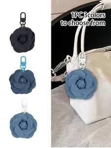 Cute Boho Floral Denim Bag Charm, Camellia Decoration Keychain, Elegant Accessory for Girls & Women, Perfect Gift for Parties & Holidays