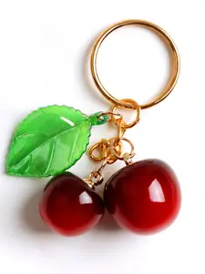 1pc Realistic Cherry Keychain with Translucent Green Leaves & Red Fruit Charms - Women's Keychain, Gift for Women& Girls, Golden Ring Clasp Suitable for Backpacks, Wallets, Purses - Cute Portable Keychain Accessory