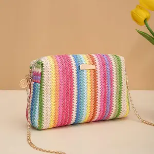 Rainbow-colored woven straw camera bag, multi-functional girls' cross-body bag, bag with chain shoulder strap
